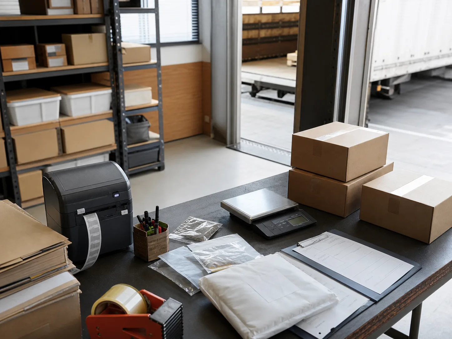 商品、物流、出荷に関する資料を机上で確認する様子